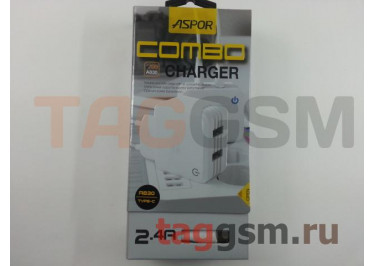Сетевое зарядное устройство USB 2400mA 2 выхода + кабель USB - Type-C, (A830) ASPOR