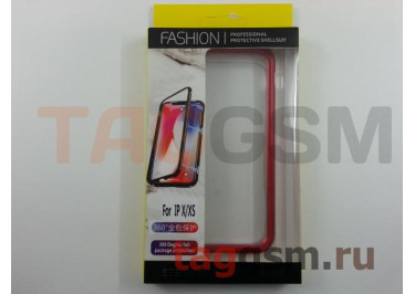 Задняя накладка для iPhone X / XS (магнитная рамка, стекло, красная)