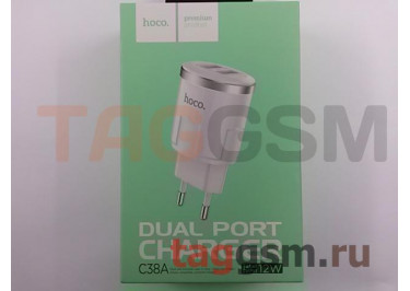 Блок питания USB (сеть) на 2 порта USB 2400mA (белый) (C38A) HOCO