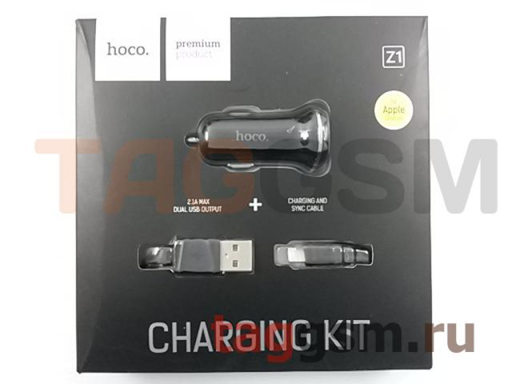 Блок питания USB (авто) на 2 порта USB 2100mA + кабель USB - Lightning (в  коробке) (черный), (Z1) HOCO