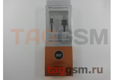 Кабель USB - micro USB (ткань, магнитный, 360 градусов) (1м) черный, X-CABLE
