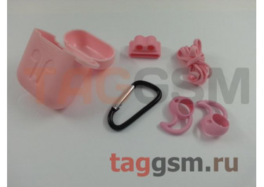 Чехол для APPLE Airpods (силикон, матовый, розовый) (карабин, шнурок, ушные вкладыши)