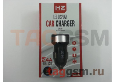 Блок питания USB (авто) на 2 порта USB с дисплеем, 2400mA  (в коробке) (черный / серебро), (HC6) HZ