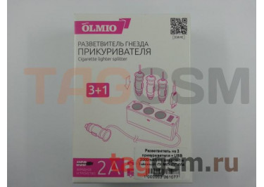 Разветвитель на 3 прикуривателя + USB 2000mAh со шнуром 1м (чёрный) OLMIO, CC-004