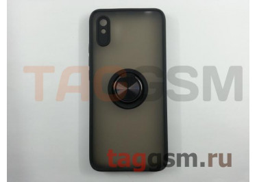 Задняя накладка для Xiaomi Redmi 9A (силикон, матовая, магнит, с держателем под палец, черная (Ring)) Faison