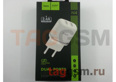 Блок питания USB (сеть) на 2 порта USB 2400mA (белый) (N4) HOCO