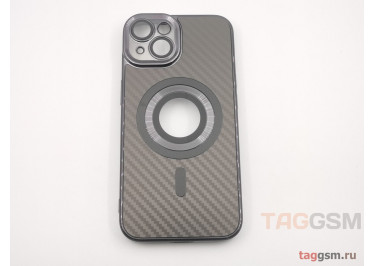 Задняя накладка для iPhone 14 (силикон, под карбон, матовая, с защитой камеры, поддержка MagSafe, черная) Anyland