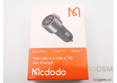 Блок питания (авто) на 2 порта (USB-A+USB-C), 75W PD3.0 Fast Charger, (Digital Display) (черный), (CC-3690) Mcdodo