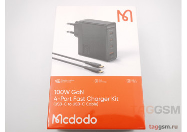 Блок питания USB (сеть) 100W GaN, Fast Charger Kit, на 4 порта (3xUSB-C+USB-A)+(кабель Type-C-Type-C, 5A, 2m), (черный) (CH-5141) Mcdodo