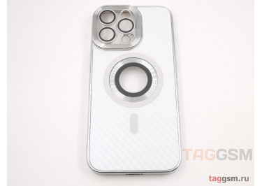 Задняя накладка для iPhone 14 Pro Max (силикон, под карбон, матовая, с защитой камеры, поддержка MagSafe, серебро) Anyland