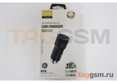 Автомобильное зарядное устройство (USB-C+USB-A) 38W Dual Fast Charging. QC3.0, PD 20W (A909) ASPOR (серый)