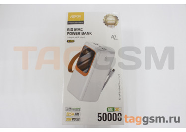 Портативное зарядное устройство (Power Bank) (Aspor A350, USB выход 5000mA, 3USB выхода 2400mA, 2 встроенных кабеля Lightning,Type-C) Емкость 50000mAh (белый с дисплеем)