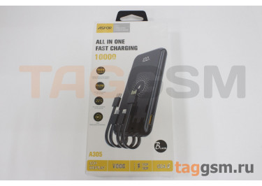 Портативное зарядное устройство с беспроводной зарядкой (Power Bank) (Aspor A305, USB выход 4500mA, 4 встроенных кабеля USB,Lightning,Type-C,microUSB) Емкость 10000mAh (черный с дисплеем)