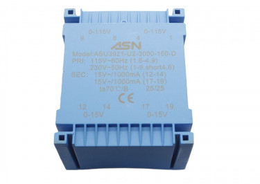 ASU3921-U2-3000-150-D Герметизированный трансформатор 30Вт обмотки 2x110В (1+4-6+9, 1B) / 2x15В 1А (12+14-17+19)