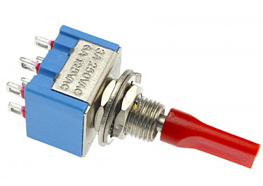 MTS-203-E1 Тумблер на панель с красной плоской ручкой ON-OFF-ON DPDT 250В 3А (6,4мм)