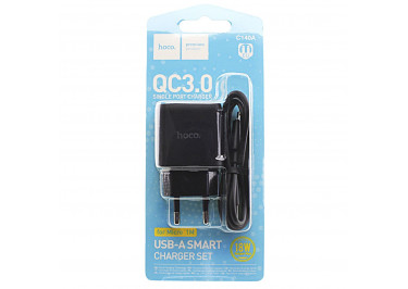 Блок питания (сеть) (USB) 3000mA (QC3.0) (18W) + кабель USB - micro USB (1м) черный, (C140A) HOCO
