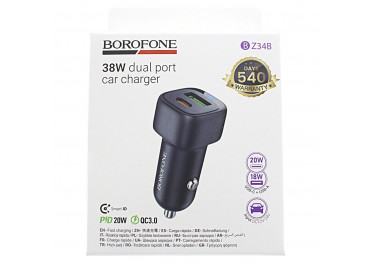 Блок питания (авто) на 2 порта (USB-A + USB-C) 38W, PD20W+QC3.0 (в коробке) (черный), Borofone (BZ34B)
