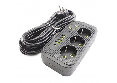 Сетевой фильтр (3 розетки + 4USB +1 Type-C) (7m) (черный)