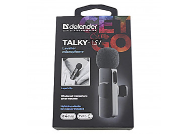 Микрофон петличный беспроводной + ресивер с коннектором Lightning / Type-C (чёрный) Defender Talky-137