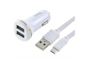 Блок питания (авто) на 2 порта 2USB + microUSB 2100mA (белый) HOCO