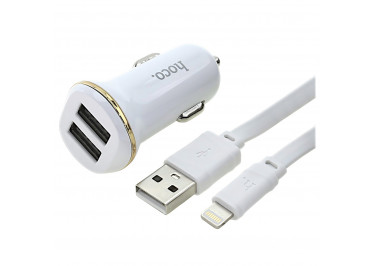 Блок питания (авто) на 2 порта USB 2100mA + кабель USB - Lightning (в коробке) (белый), (Z1) HOCO