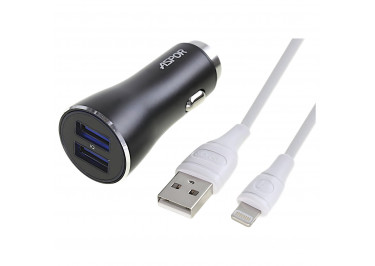 Автомобильное зарядное устройство USB 3400mA 2 выхода USB + кабель USB - Lightning, (A918) ASPOR (черный)