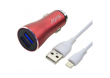 Автомобильное зарядное устройство USB 3400mA 2 выхода USB + кабель USB - Lightning, (A918) ASPOR (красный)