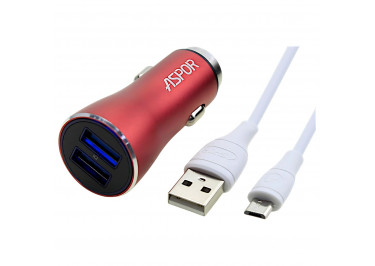 Автомобильное зарядное устройство USB 3400mA 2 выхода USB + кабель USB - micro USB, (A918) ASPOR (красный)