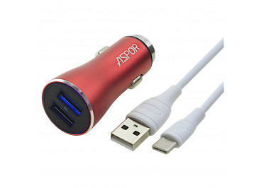 Автомобильное зарядное устройство USB 3400mA 2 выхода USB + кабель USB - Type-C, (A918) ASPOR (красный)