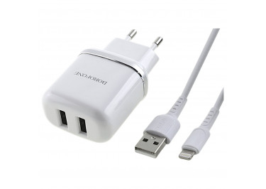 Блок питания (сеть) на 2 порта USB 2400mA + кабель USB - Lightning (белый) (BA25A) Borofone