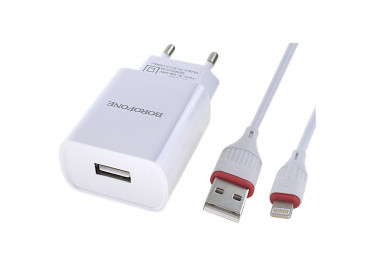 Блок питания (сеть) (USB) 2100mA + кабель USB - Lightning (в коробке) белый, (BA20A) Borofone