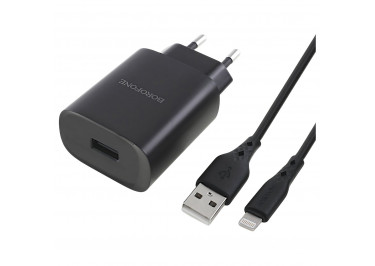 Блок питания (сеть) (USB) 2100mA + кабель USB - Lightning (в коробке) черный, (BN1) Borofone