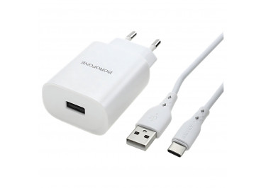 Блок питания (сеть) (USB) 2100mA + кабель USB - Type-C (в коробке) белый, (BN1) Borofone