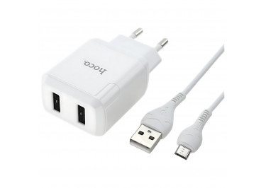 Блок питания (сеть) на 2 порта USB 2100mA + кабель USB - micro USB (в коробке) белый 1м, (N7) HOCO