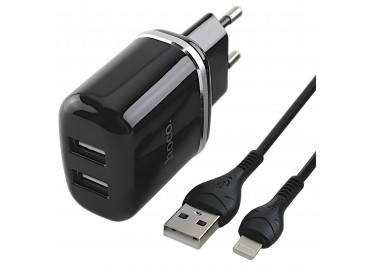 Блок питания (сеть) на 2 порта USB 2400mA + кабель USB - Lightning (в коробке) черный, (N4) HOCO