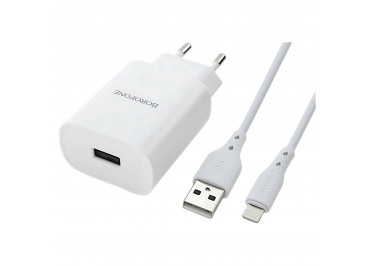 Блок питания (сеть) (USB) 2100mA + кабель USB - Lightning (в коробке) белый, (BN1) Borofone