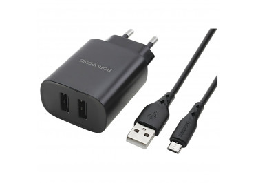 Блок питания (сеть) на 2 порта USB 2100mA + кабель USB - micro USB (в коробке) черный , (BN2) Borofone