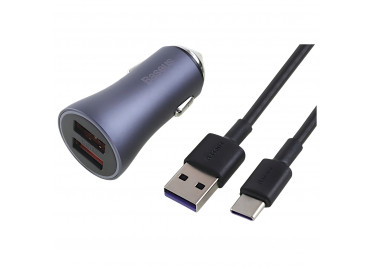 Блок питания (авто) на 2 порта (Simple series 2USB, 3A, 40W + кабель USB-Type-C) (CCJDZ-U) серый, Baseus