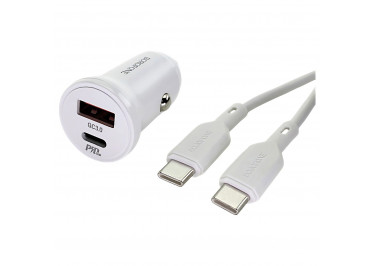 Блок питания (авто) на 2 порта (USB-C+USB-C) 20W + кабель Type-C-Type-C (быстрая зарядка) (в коробке) (черный), Borofone BZ18A